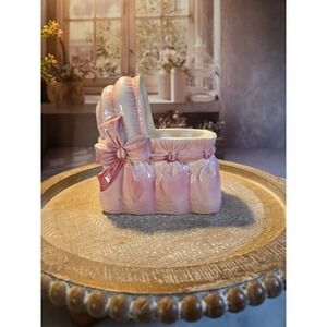 Vintage Napcoware Pink Ceramic Baby Bassinet Planter C-5142 Nursery Decor Bow